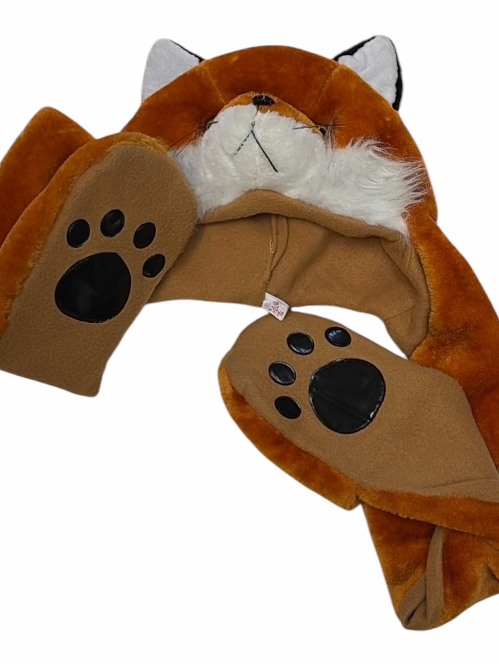 Kids Plush Fox Hat with Paw Mittens - Brown